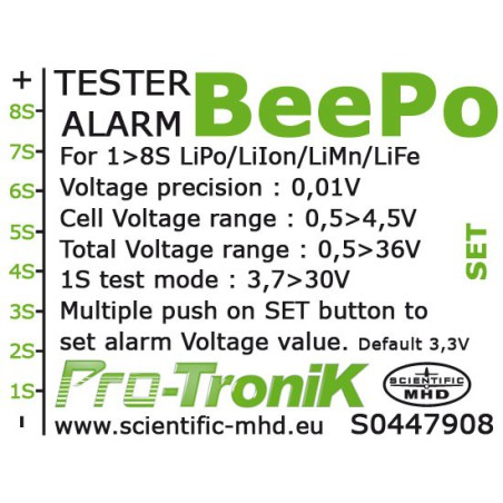 LIPO ACCCA for BEEPO radio-controlled device, LI-PO 8S + ALARME TESTERS | Scientific-MHD